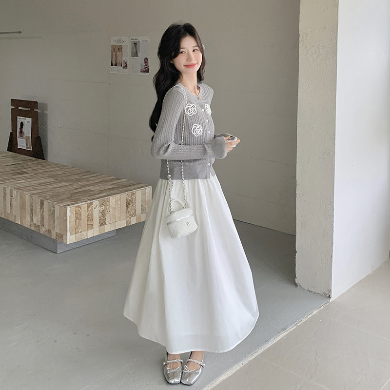2025春季新款韩版小香风气质减龄立体花朵开衫吊带裙两件套连衣裙,女装套装/套裙,2C166