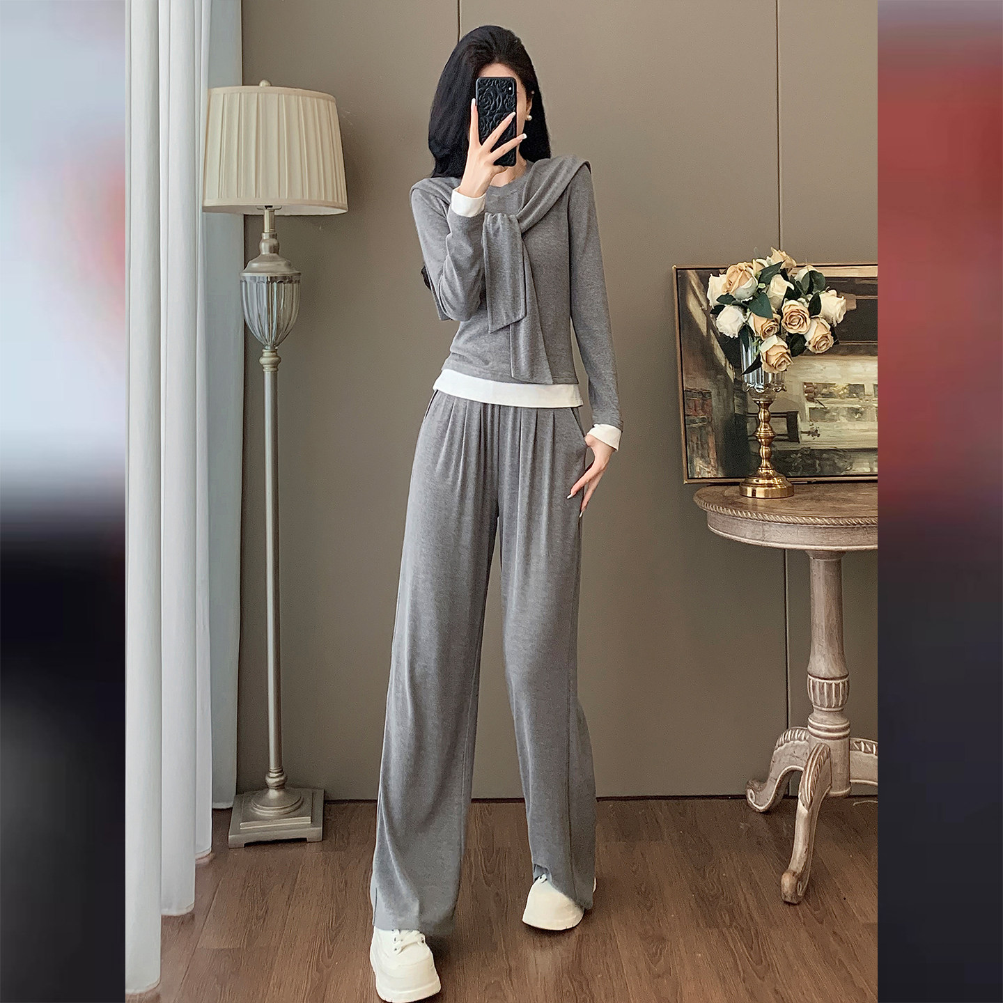 炸街休闲运动套装秋季新款女纯色长袖T恤外搭披肩阔腿长裤三件套,女装套装/套裙,2C310