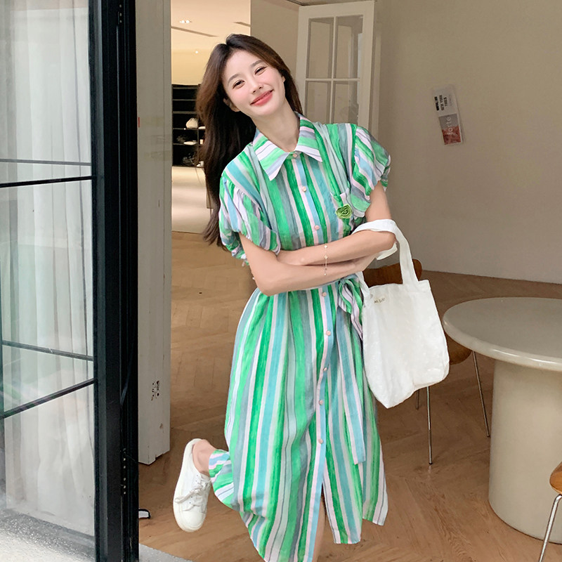 宽松慵懒风条纹灯笼袖连衣裙女夏2025新款休闲显瘦遮肚子女生长裙,女装连衣裙,2C115