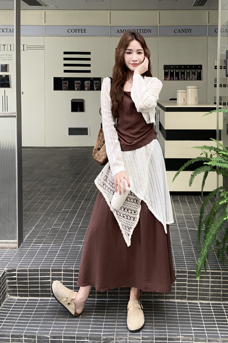 设计款小短款开衫吊带个性拼接半裙套装女2025秋季松弛好看三件套,女装套装/套裙,2C218