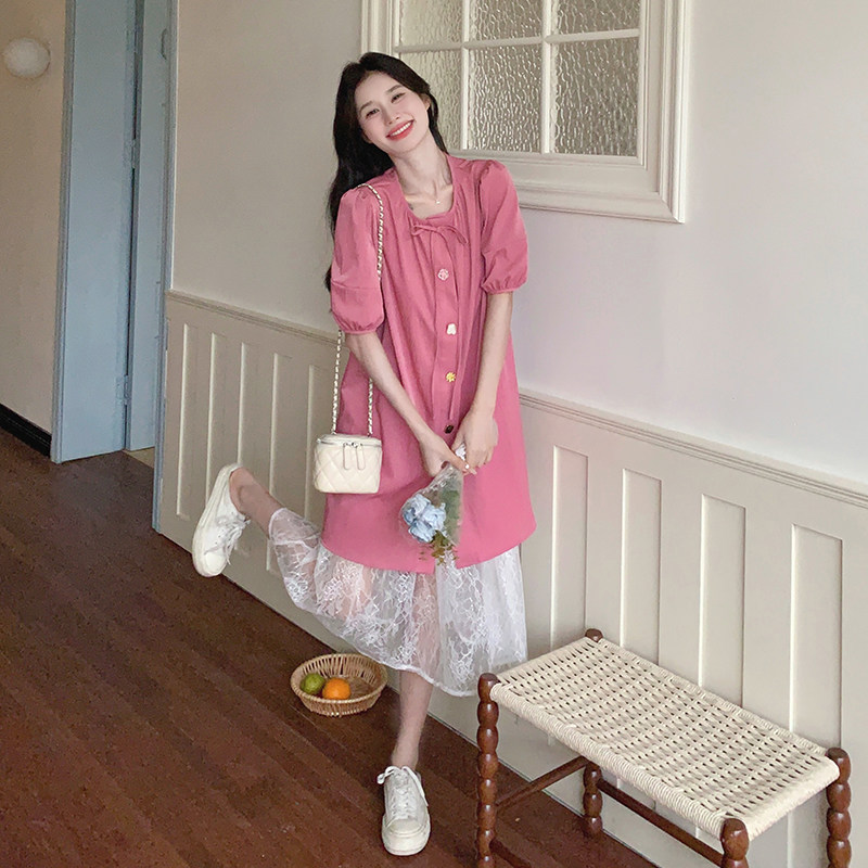 粉色泡泡袖连衣裙套装女夏季2025新款气质甜美减龄蕾丝长裙两件套图片