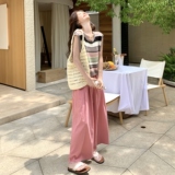 减龄撞色拼接条纹针织衫套装女夏季2025年新款阔腿裤两件套，女装套装/套裙，2C166