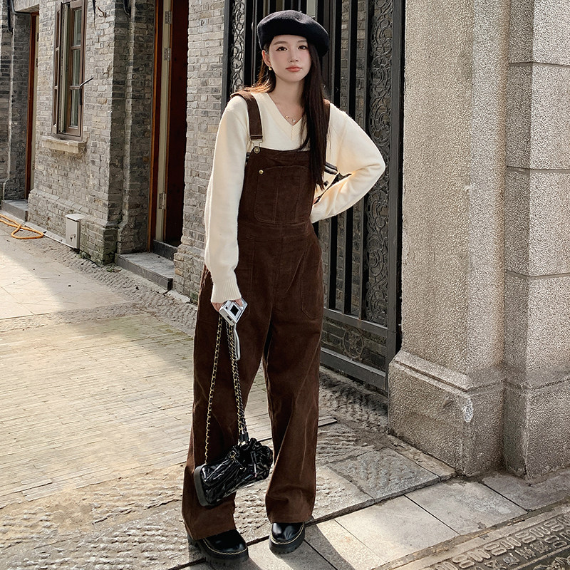 咖色灯芯绒背带裤春秋女2025新款学院风减龄休闲复古百搭阔腿长裤,女装连体裤,2C122