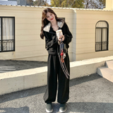 韩系慵懒风毛领连帽卫衣套装女冬季加绒加厚两件套休闲运动套装，女装套装/套裙，2C166