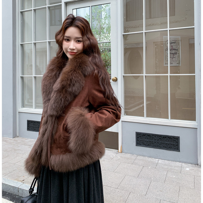 新款现货2B114-P485-K725鹿皮绒真狐狸毛90白鸭绒派克服,女装羽绒服,2B114