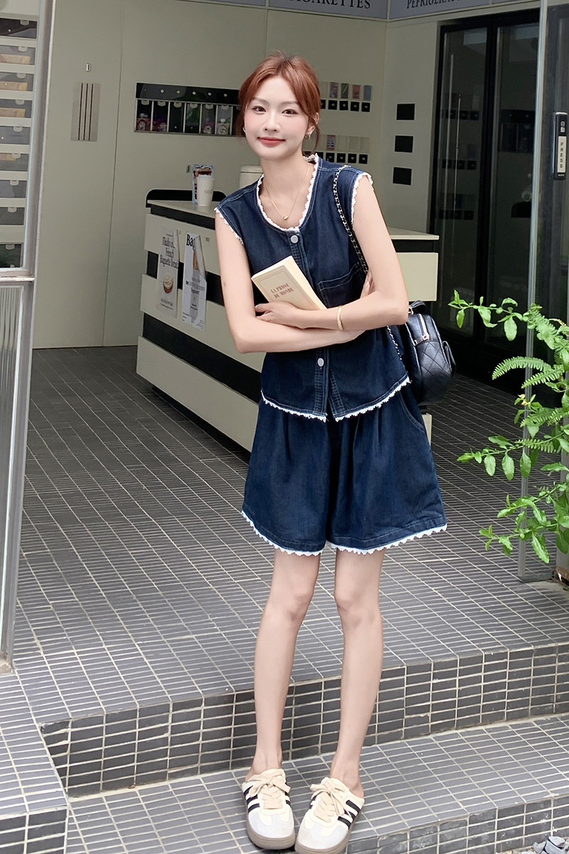 现货2D078-T2069-P145K208蕾丝拼接牛仔上衣+短裤,女装套装/套裙,2D078