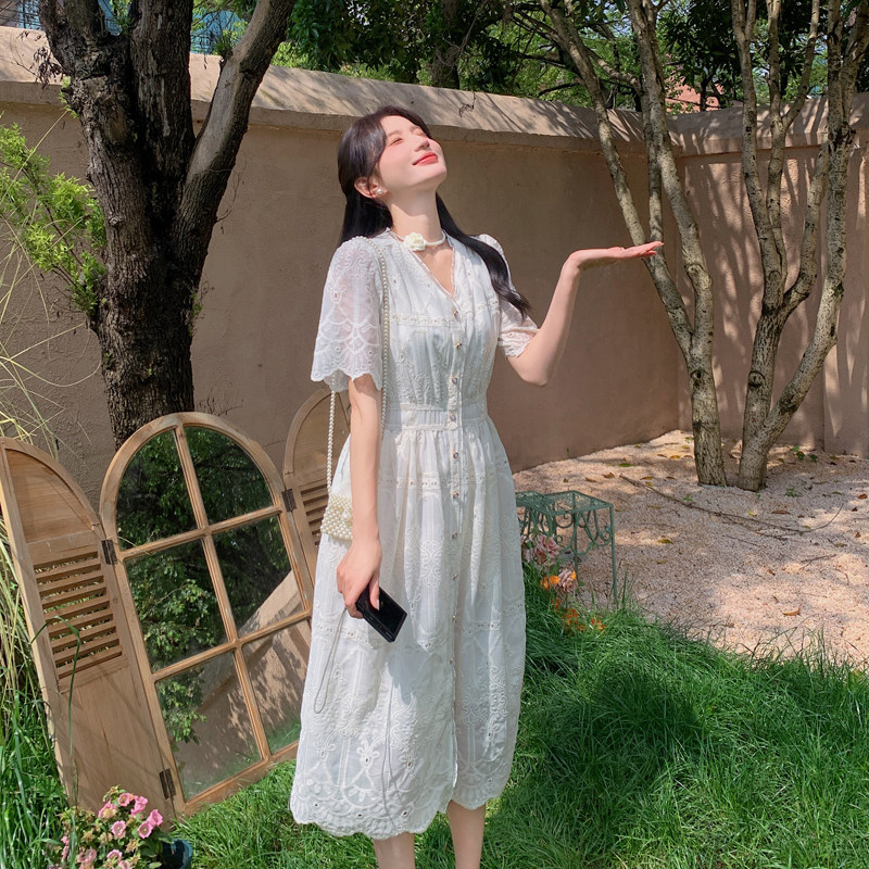 白色蕾丝连衣裙女夏2025新款法式收腰显瘦爆款流行绝美长裙小个子,女装连衣裙,2C092