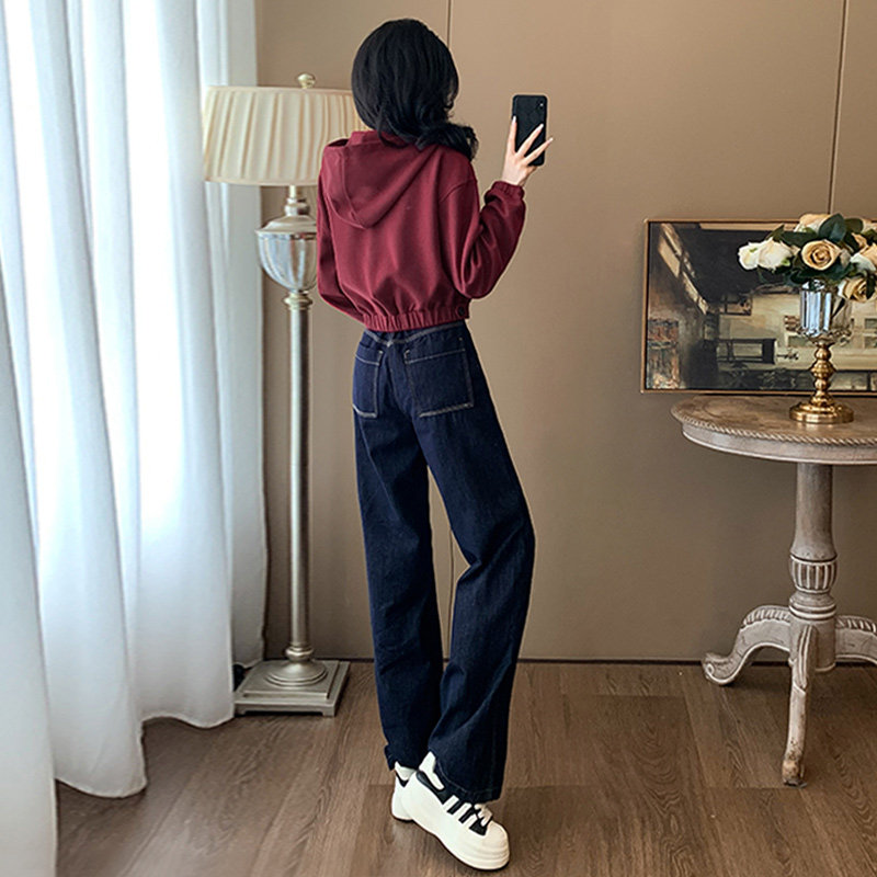 女秋季新款酒红色卫衣直筒牛仔裤套装,女装套装/套裙,2C310