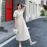 2025夏季显瘦简约通勤收腰长裙女流行气质方领短袖中长款A字长裙，女装连衣裙，2C212