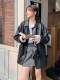 时尚设计感拼色皮衣外套女2025秋季黑色韩系通勤风高级感淡人上衣，女装皮衣，2C259