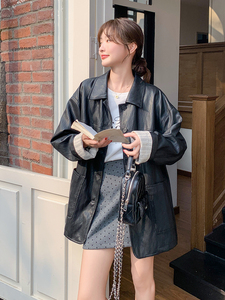 时尚设计感拼色皮衣外套女2025秋季黑色韩系通勤风高级感淡人上衣图片