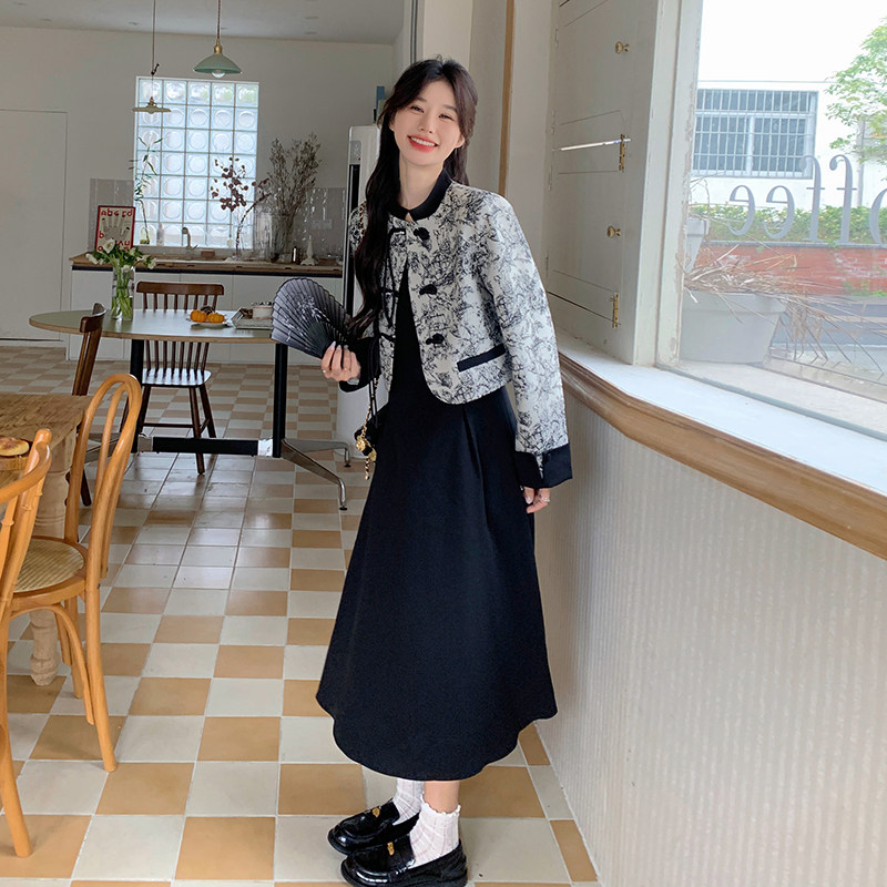 新中式盘扣上衣套装裙女2025春季新款水墨画外套吊带裙国风两件套图片