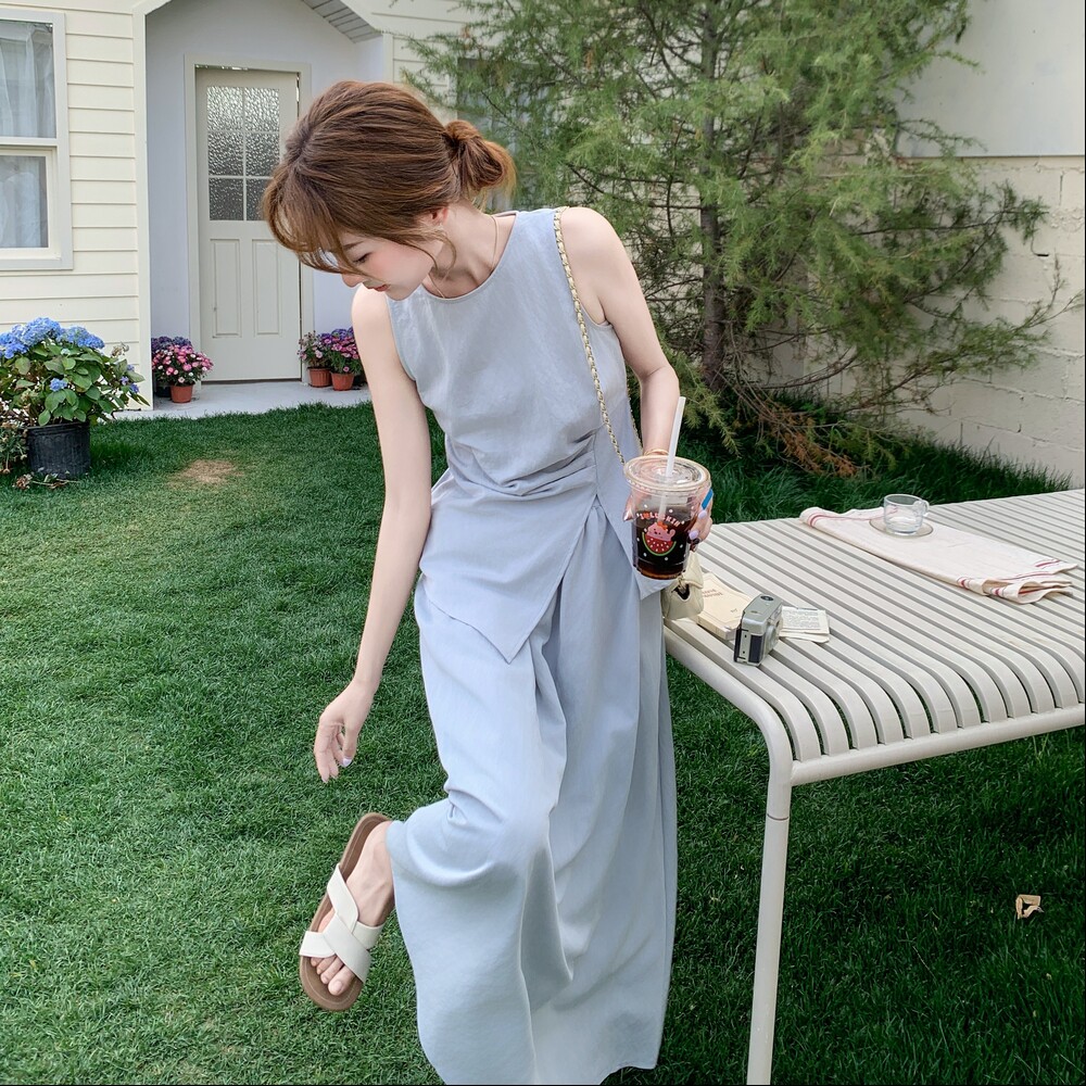法式度假风半身裙套装女2025夏季新款时尚圆领宽松无袖上衣两件套,女装套装/套裙,2C290
