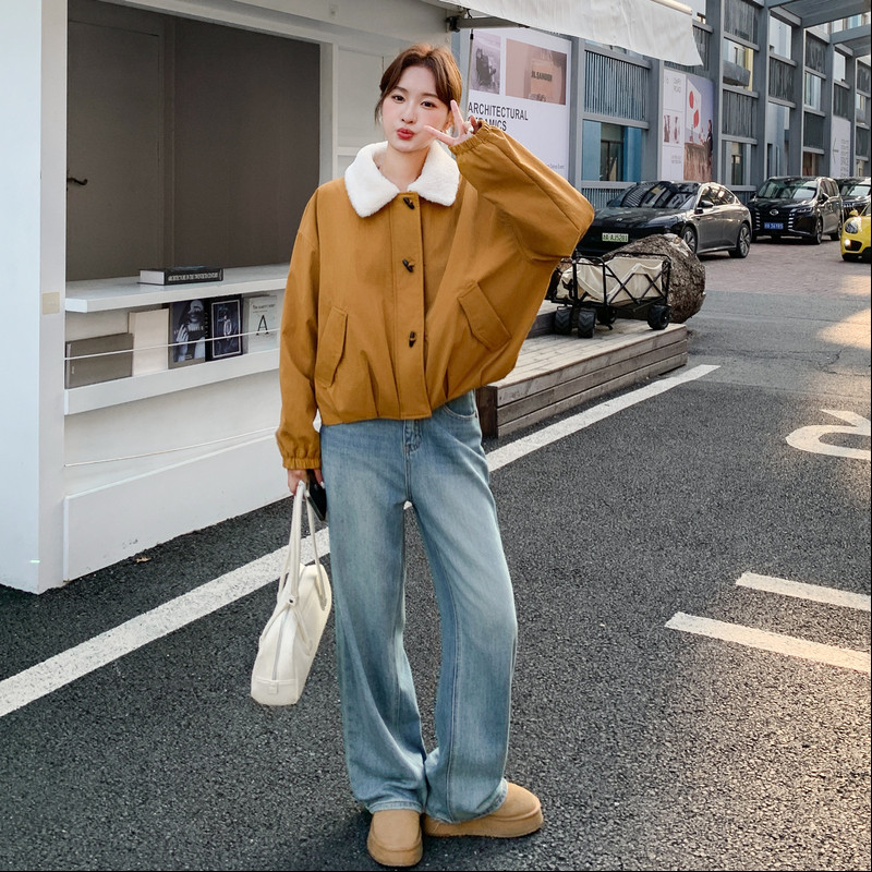 橘黄色加厚工装夹克外套2025新款女冬宽松高级感短款毛绒翻领棉服,女装棉衣/棉服,2C159