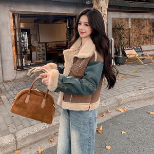 港风复古牛仔拼接皮毛一体外套女2025年冬季新款显瘦加厚棉衣棉袄图片