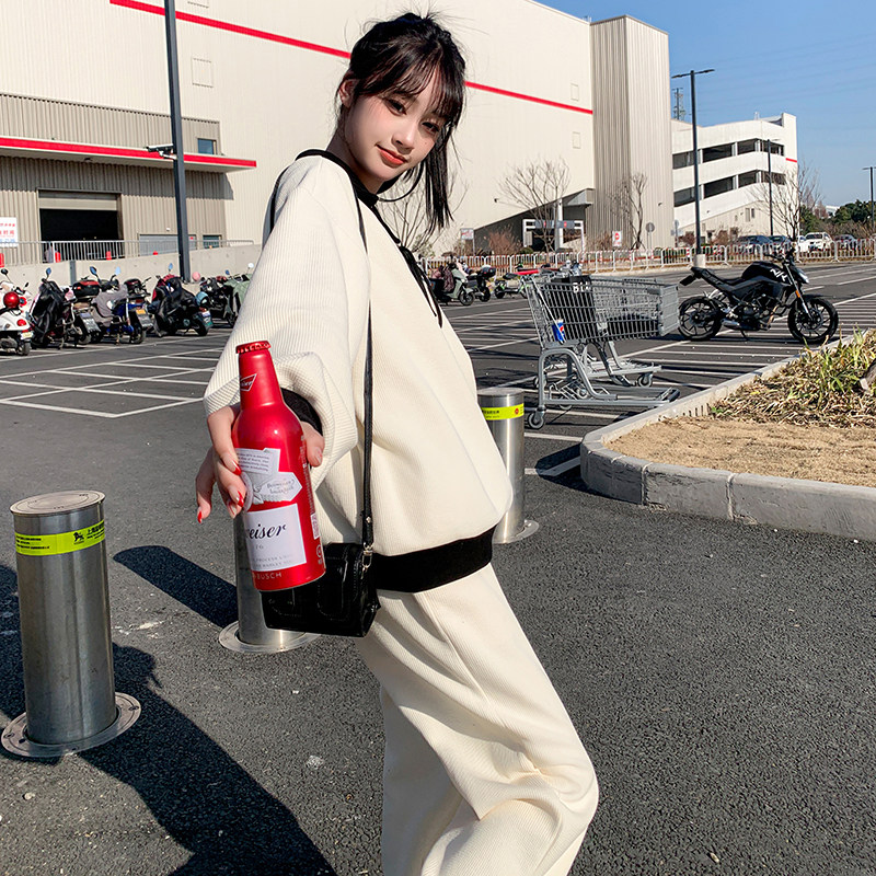 米色慵懒风休闲运动套装女春2025新款polo领针织上衣阔腿裤两件套,女装套装/套裙,2C373