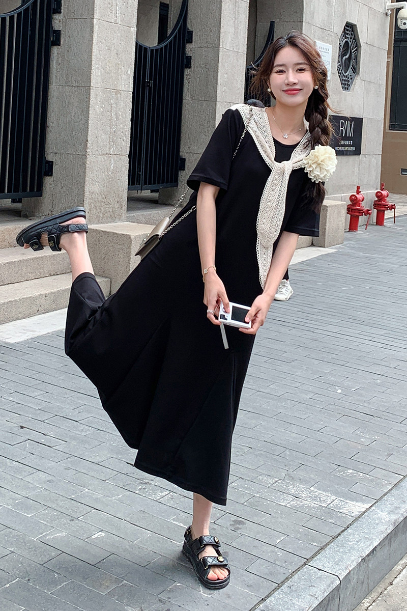 法式盐系减龄披肩连衣裙女2025夏季新款韩版宽松显瘦甜美T恤长裙,女装连衣裙,2C087