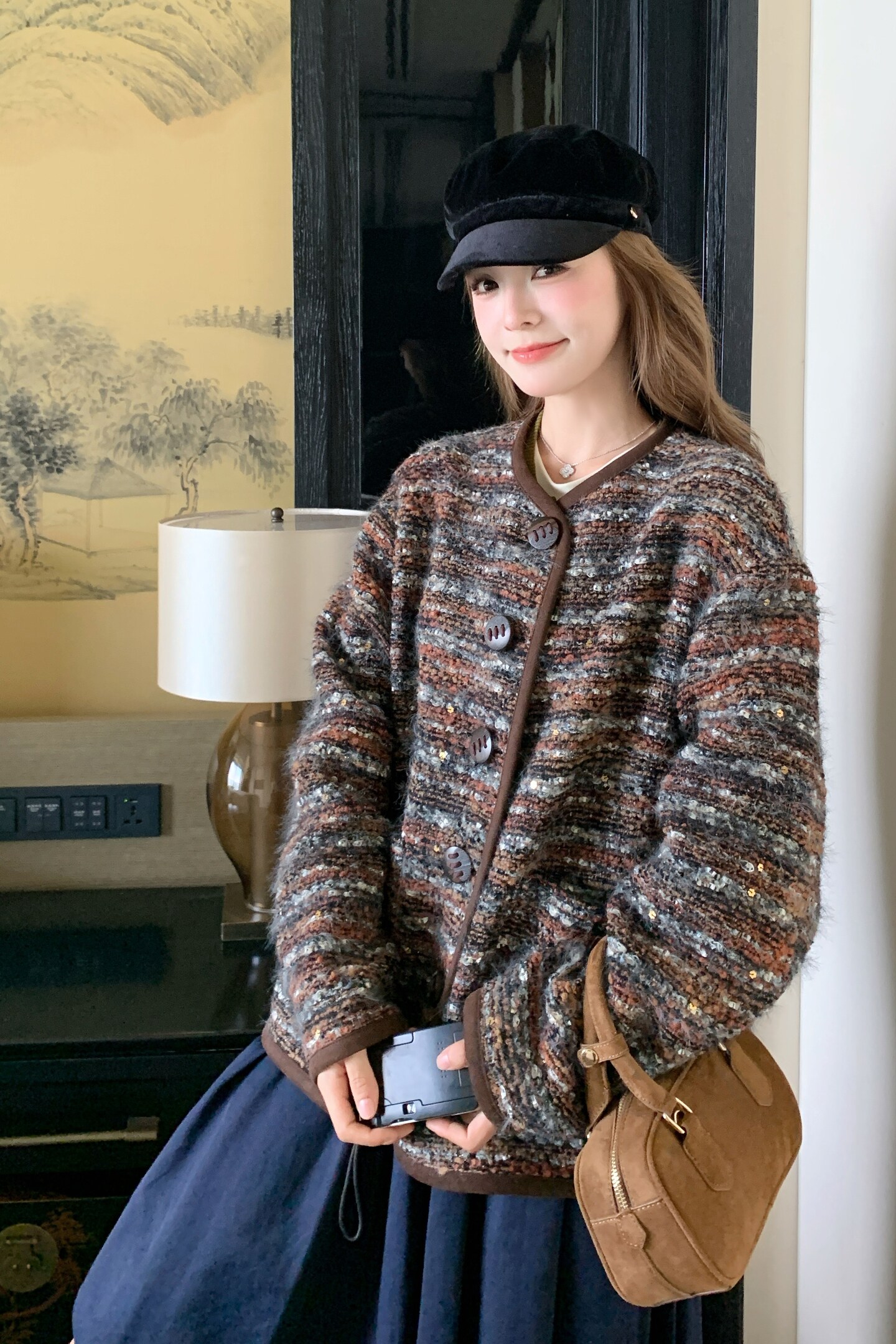咖色条纹小香风外套女小个子2025秋新款法式百搭减龄今年流行开衫,女装短外套,2C323