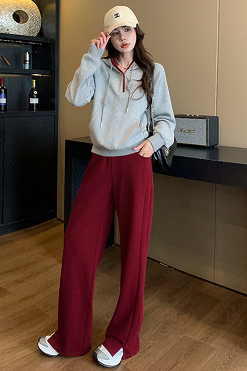 美女春季新款撞色连帽卫衣阔腿裤两件套显高显瘦,女装套装/套裙,2C310