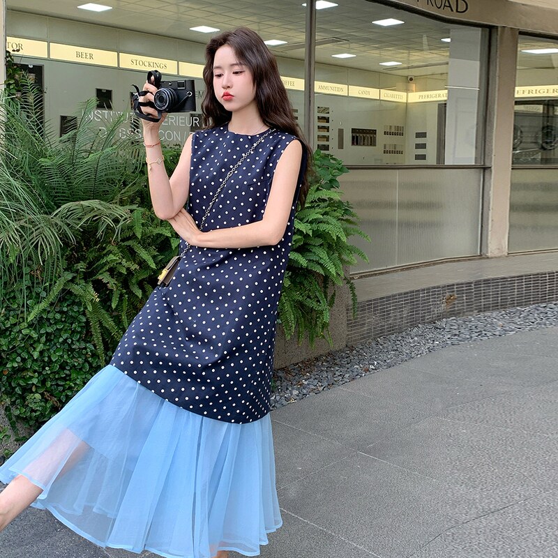 法式轻熟风半身裙套装女2025夏季新款拼接百搭波点无袖背心长裙,女装套装/套裙,2C117
