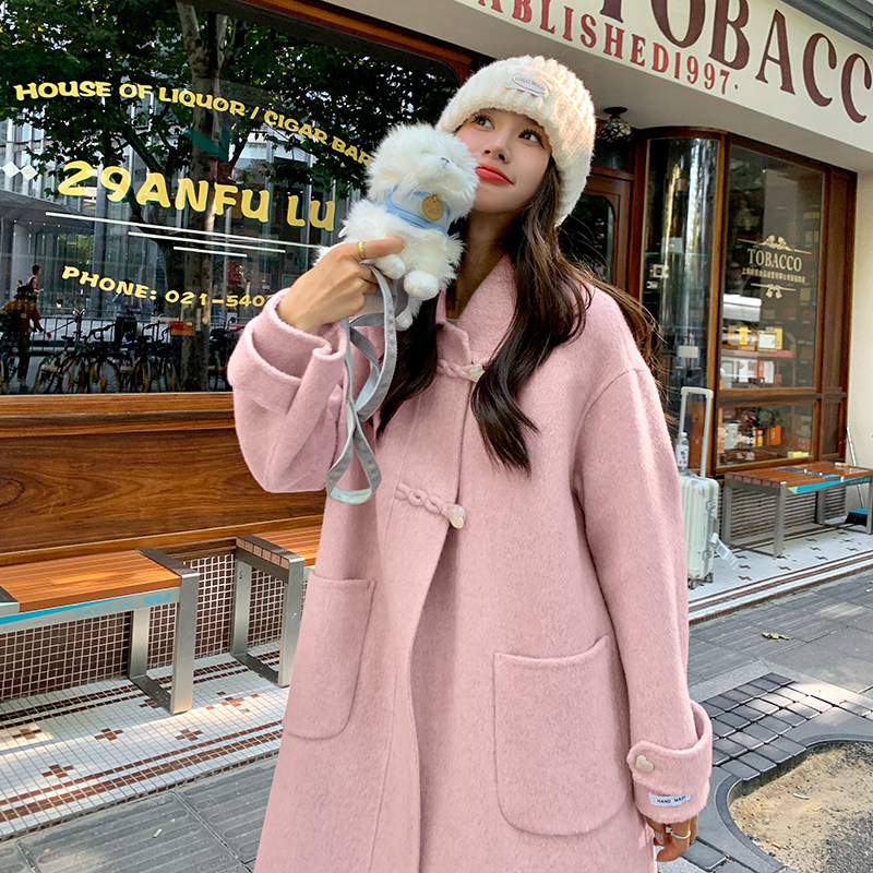 超好看紫色双面羊绒大衣女秋冬2024新款千金高级感中长款毛呢外套,女装毛呢外套,2C030