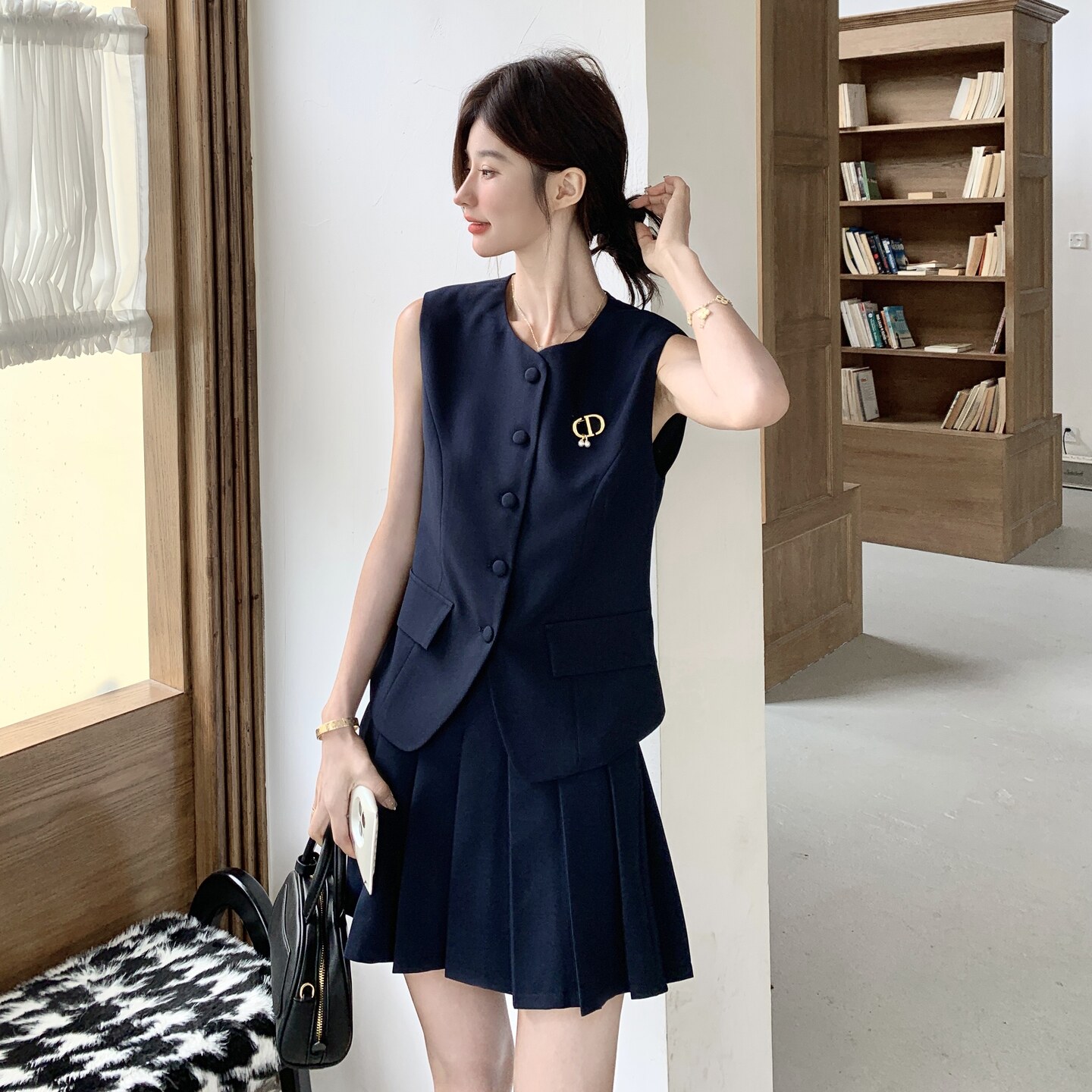 学院风藏青色无袖马甲半身裙套装女2025年夏季新款韩系减龄两件套,女装套装/套裙,2C166