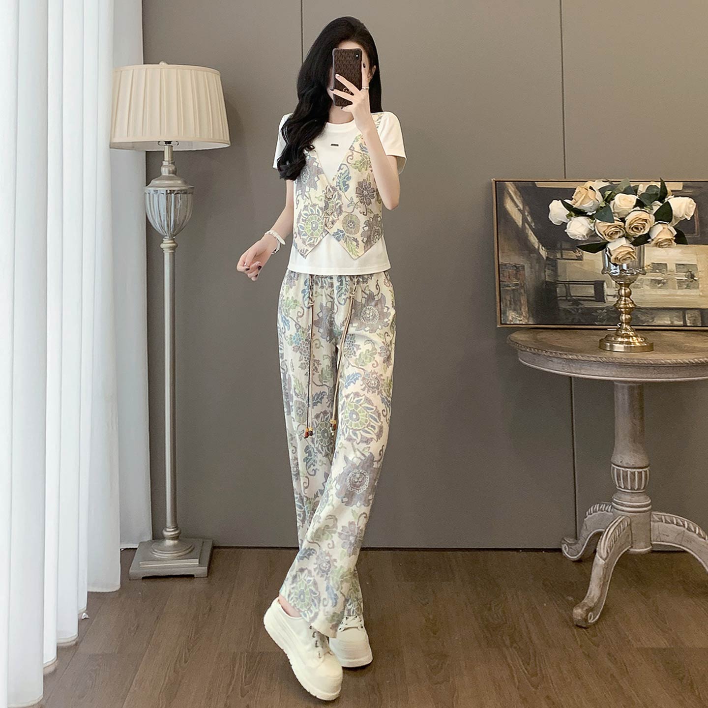 欧韩时尚洋气套装女夏季新款设计感印花马甲假两件上衣长裤两件套,女装套装/套裙,2C310