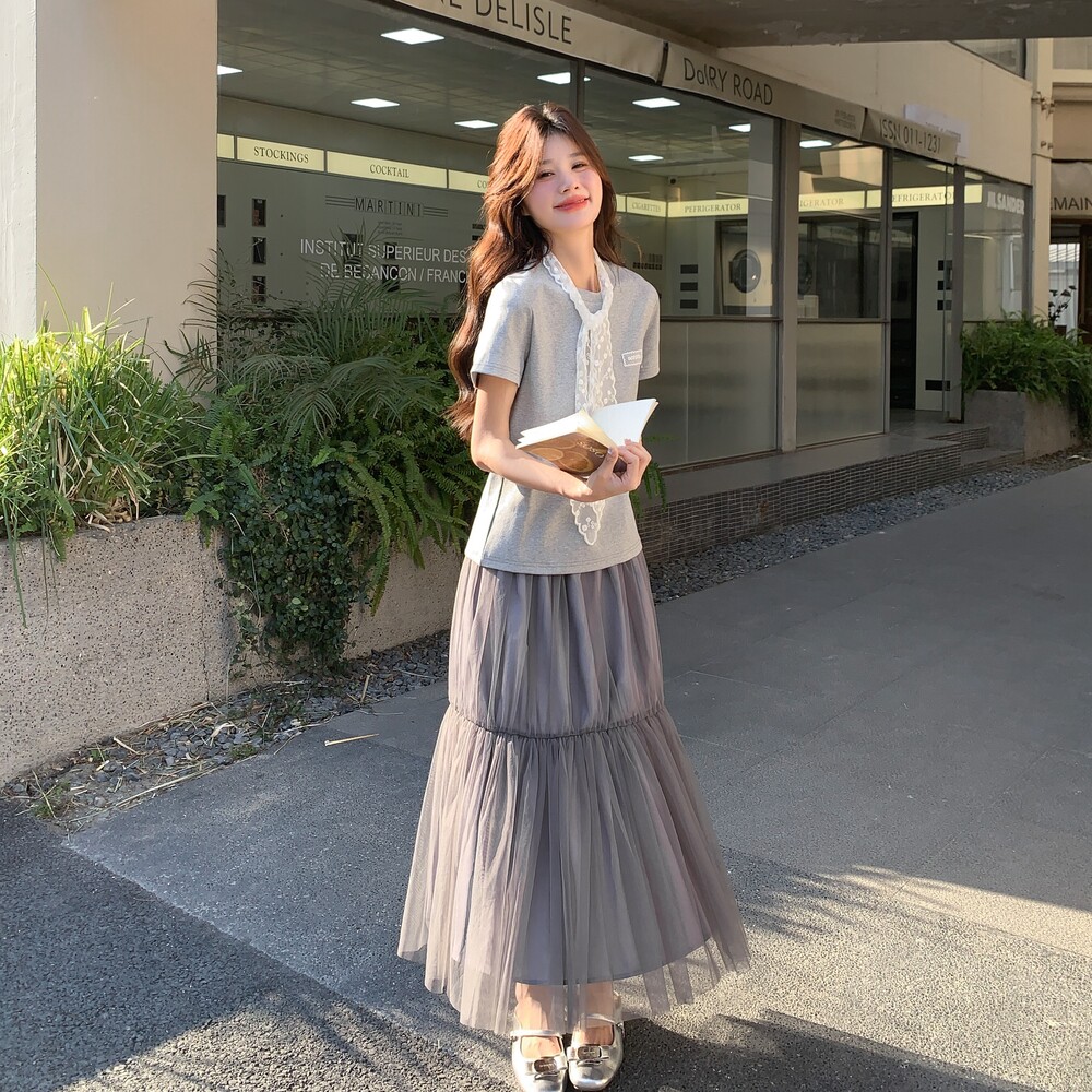 慵懒风穿搭蕾丝T恤套装女2025夏季新款韩系显瘦网纱半身裙两件套,女装套装/套裙,2C109
