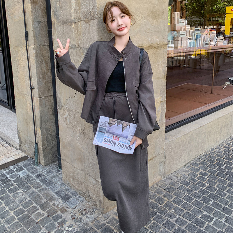 韩系慵懒风夹克外套宽松显瘦工装半身裙两件套装6056P190K268,女装套装/套裙,2C166