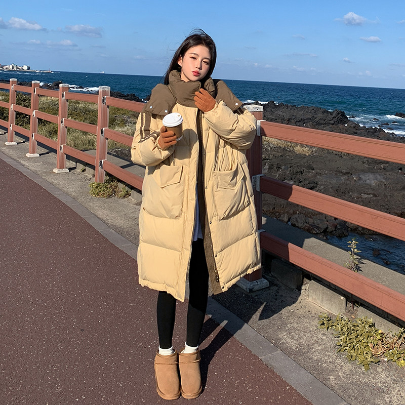 韩版中长款拼色连帽羽绒服女2025冬季新款加厚显瘦减龄白鸭绒外套,女装羽绒服,2C159