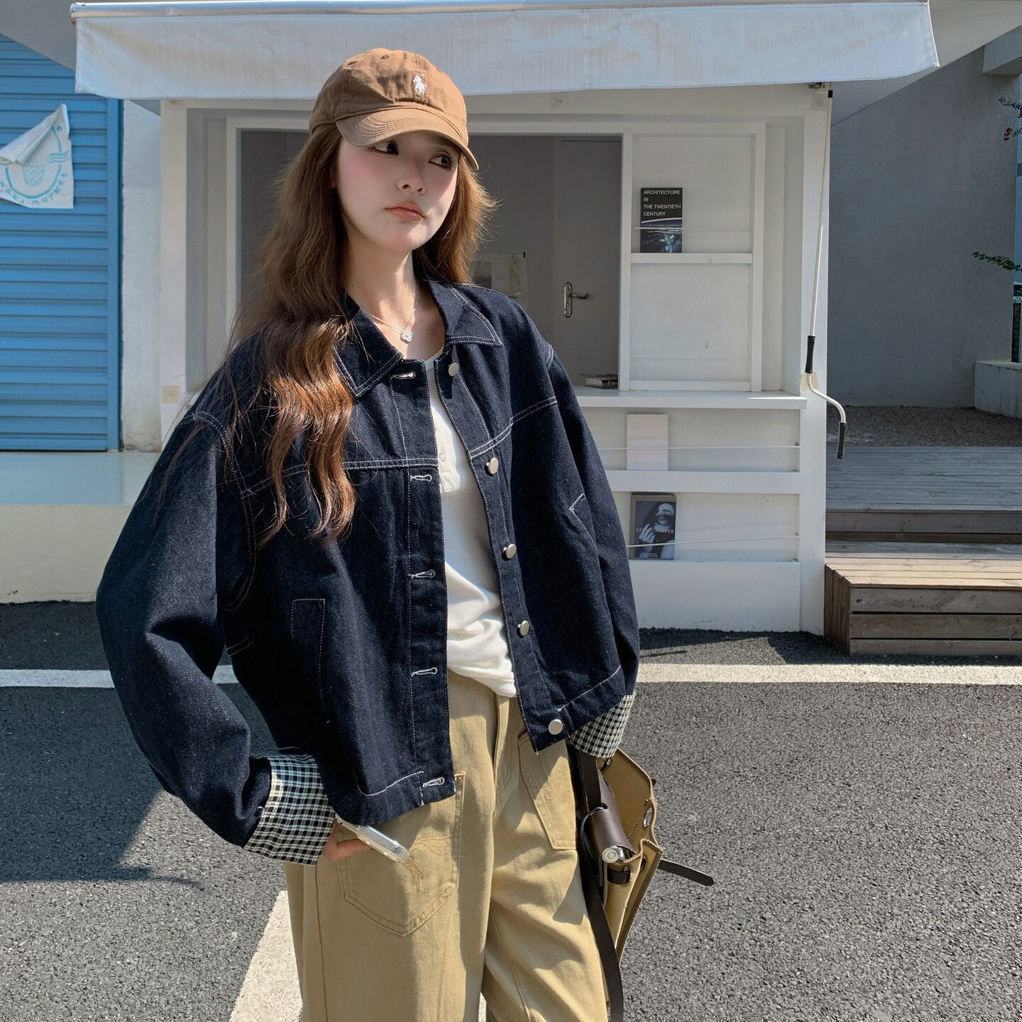 牛仔外套格子撞色翻袖2C016-501-P155-K228,女装短外套,2C016