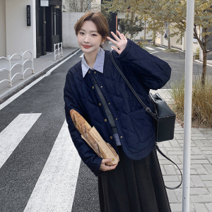 学院风菱格短款棉服女秋冬2025新款小个子甜酷风洋气宽松牛仔外套图片
