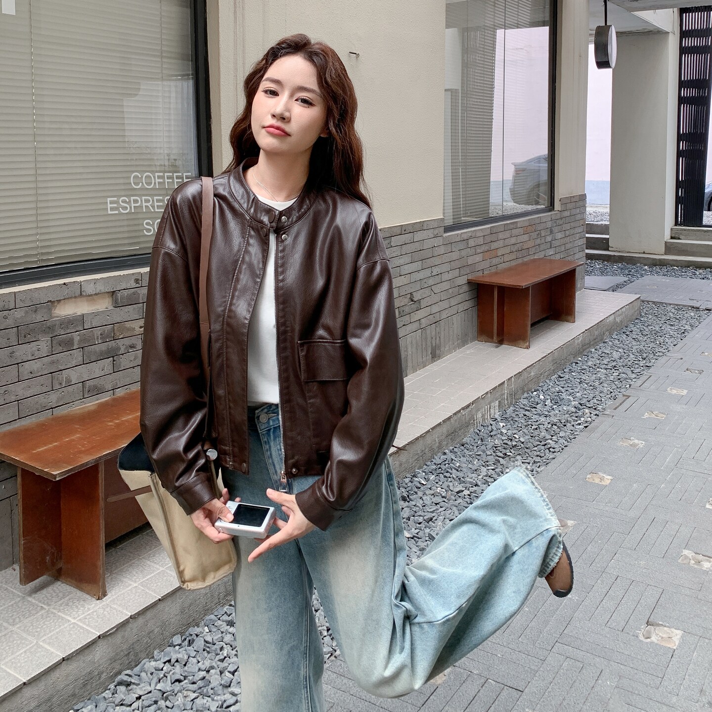 美拉德咖色复古皮衣外套女秋季2025年新款炸街减龄小个子PU皮夹克,女装皮衣,2C177