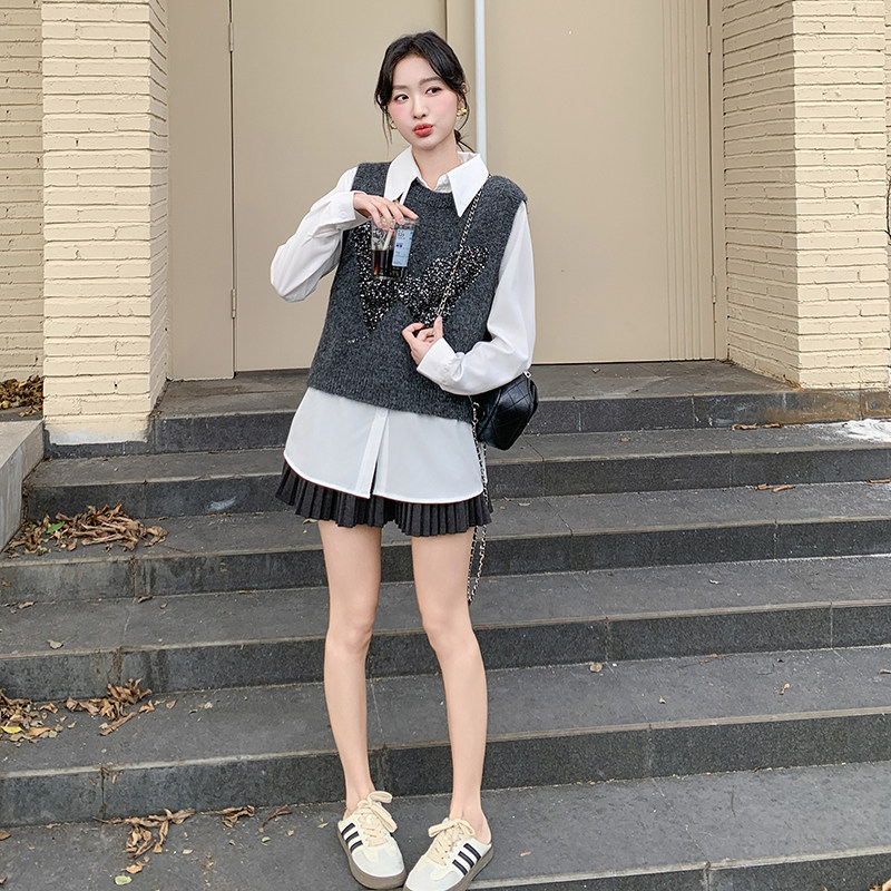 韩版小香风时尚套装女2025春秋季新款休闲衬衫叠穿马甲上衣两件套,女装套装/套裙,2C159