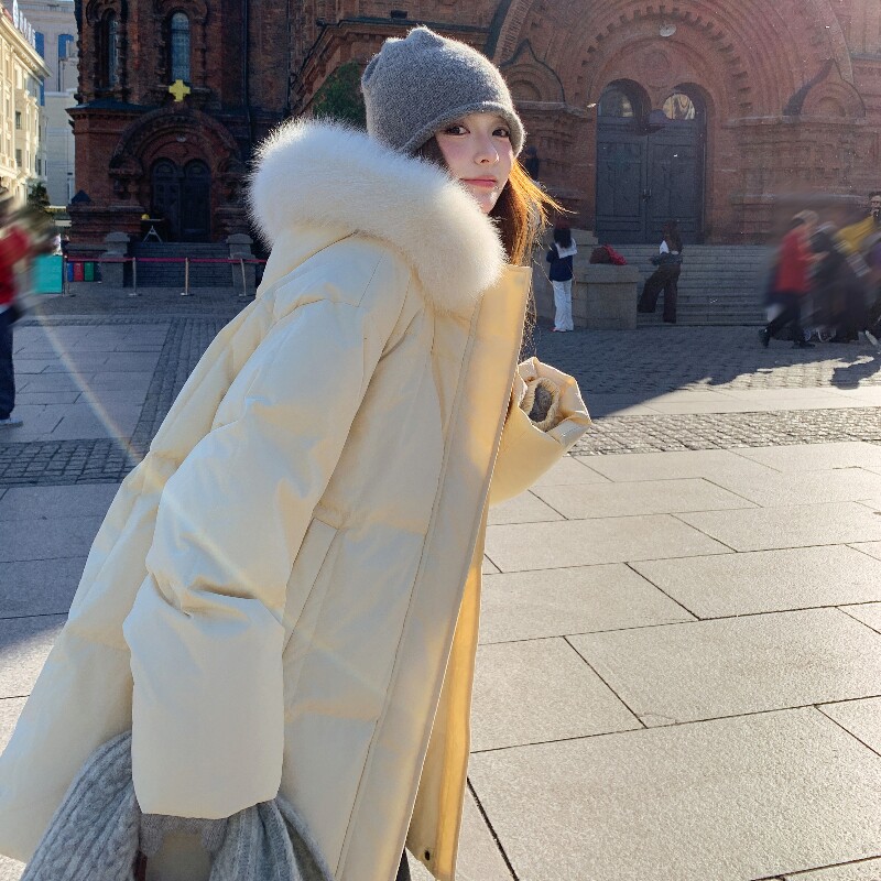 狐狸毛领连帽羽绒服女2025冬季新款奶乎乎小个子中长款白鸭绒外套图片