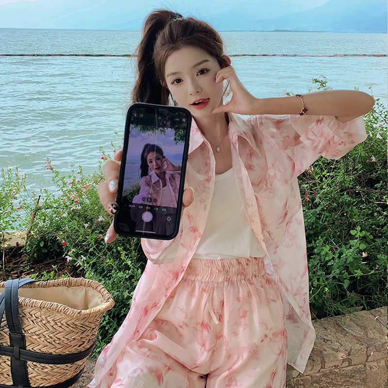 特价100！尺码齐全新款碎花衬衫吊带短裤三件套2C339-6428,女装套装/套裙,2C339