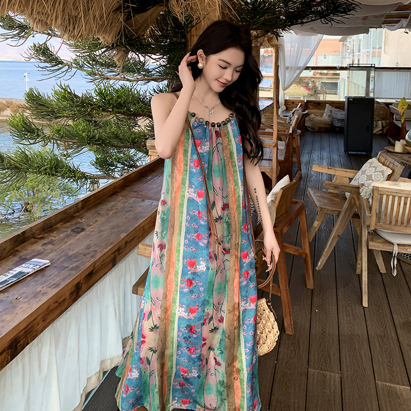 小众设计感绿色针织镂空罩衫连衣裙女夏季2025新款印花,女装连衣裙,2C177