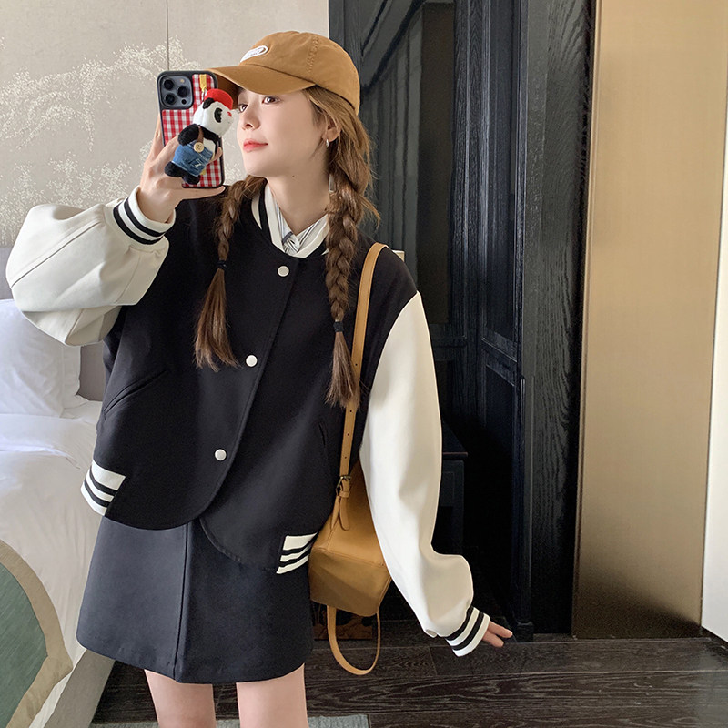 新品大货附买家秀拼色棒球服外套+半身裙裤套套196A-P165K22,女装套装/套裙,2C075