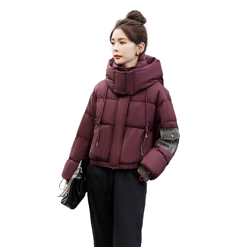 酒红色短款羽绒服女2024新款冬季时尚宽松小个子超好看白鸭绒外套,女装羽绒服,维一诺（1D095）