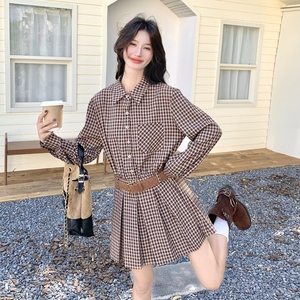 学院风格子衬衫套装女2025秋季新款韩系小个子气质减龄短裙两件套图片