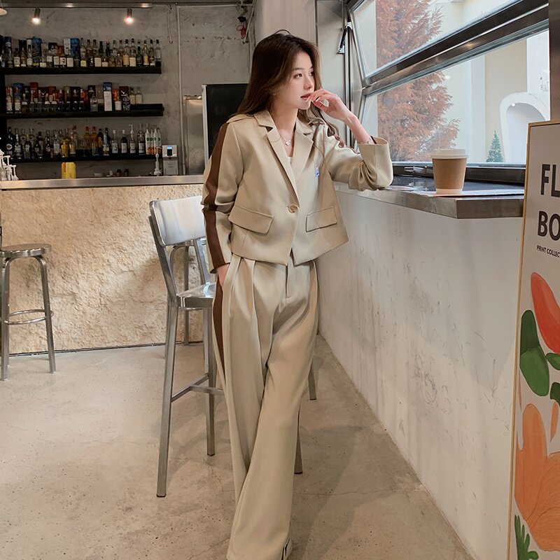 韩系高级感短款西装上衣套装女2025春秋季新款宽松显瘦长裤两件套,女装套装/套裙,2C311