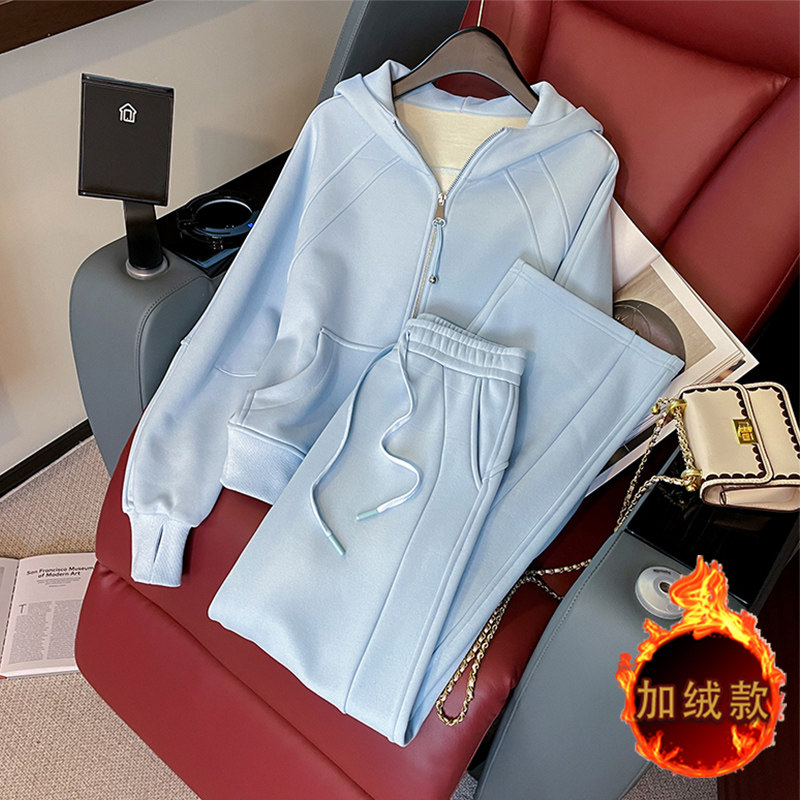 休闲连帽加绒卫衣外套宽松卫裤两件套,女装套装/套裙,2C310