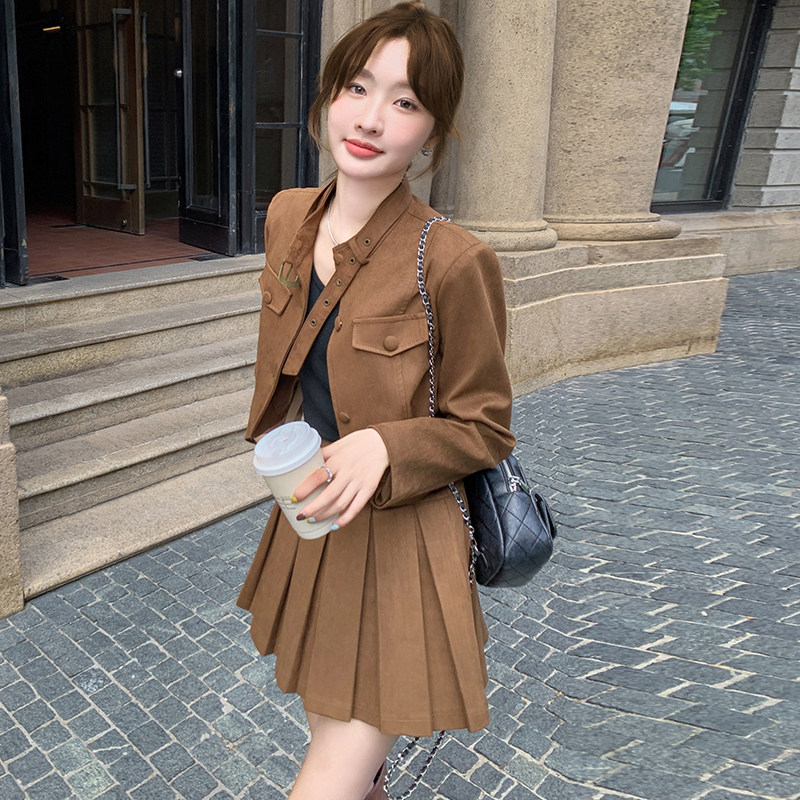 美式复古夹克上衣百褶裙套装女2025新款小个子时髦早秋穿搭一整套,女装套装/套裙,2C113