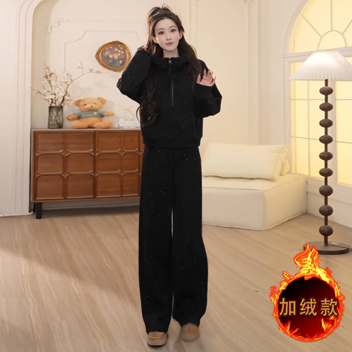 时尚休闲运动套装女秋冬款双口袋拉链开衫连帽卫衣直筒长裤两件套图片