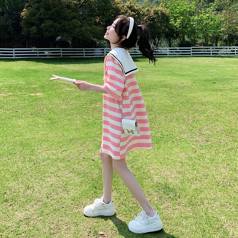 正在出货中 主推 夏季海军领粉色条纹连衣裙2C032 827 P95 K148图片