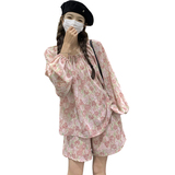 法式茶歇碎花灯笼袖上衣套装女2025夏季新款显瘦阔腿短裤子两件套，女装套装/套裙，2D044