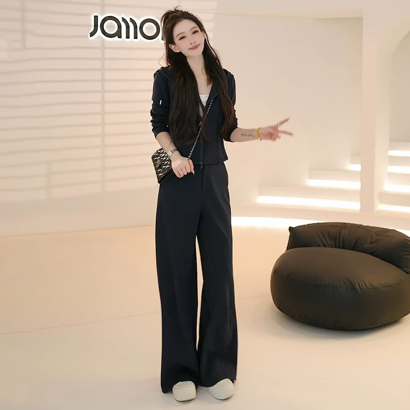 高端时尚套装女秋季新款洋气减龄修身显瘦开衫卫衣阔腿长裤两件套,女装套装/套裙,2C310