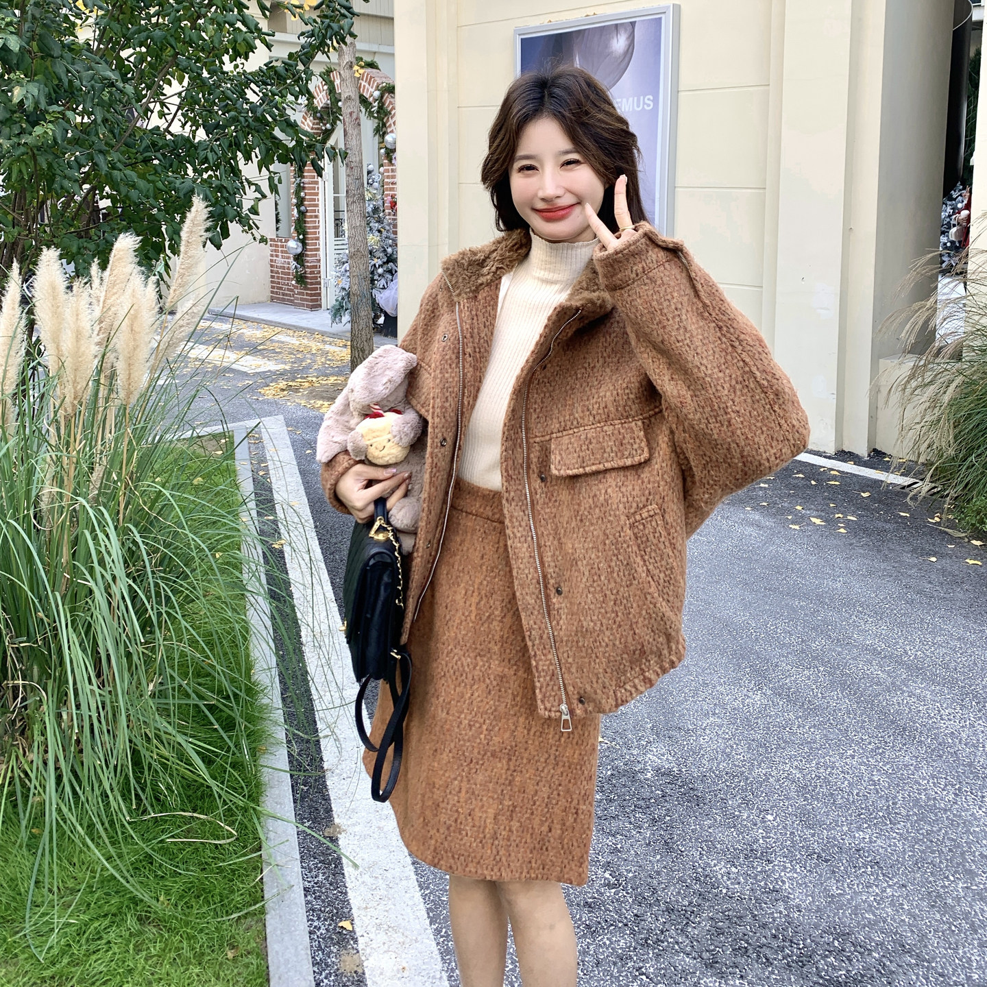 美拉德风毛呢羽绒套装女冬季2026新款高级感穿搭高腰半身裙两件套,女装套装/套裙,2C166