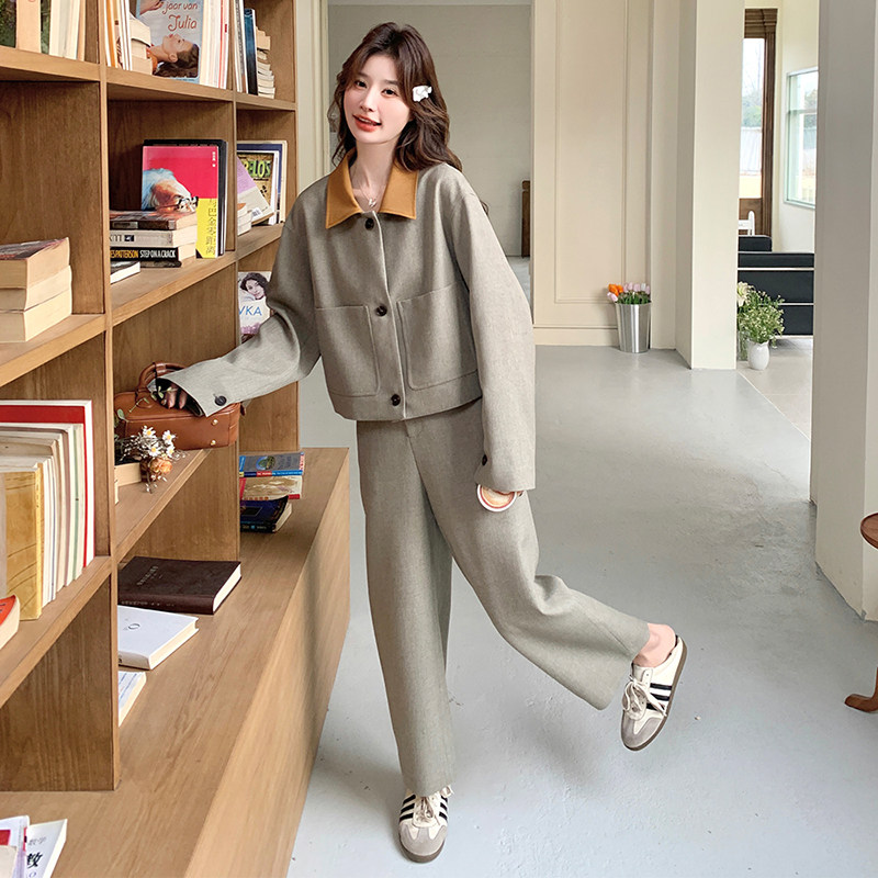 韩系氛围感时尚灰色短外套休闲裤两件套女2025新款春季学院风套装,女装套装/套裙,2C139
