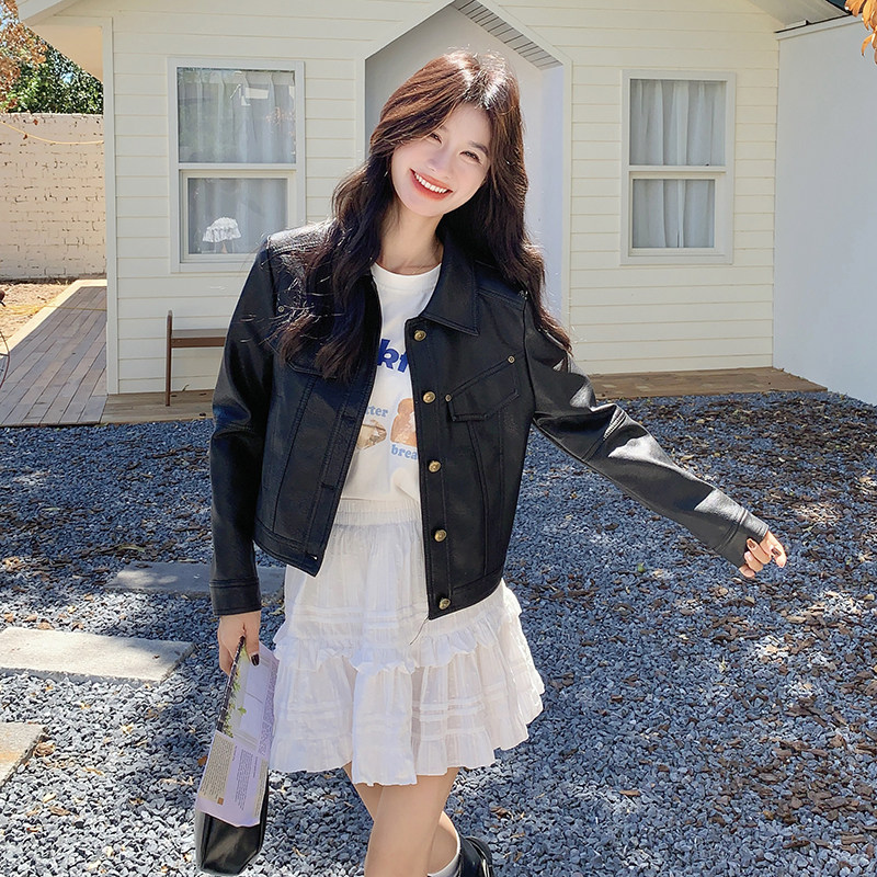 气质短款翻领黑色皮衣外套女春秋2025新款小个子机车服PU夹克超火,女装皮衣,2C122